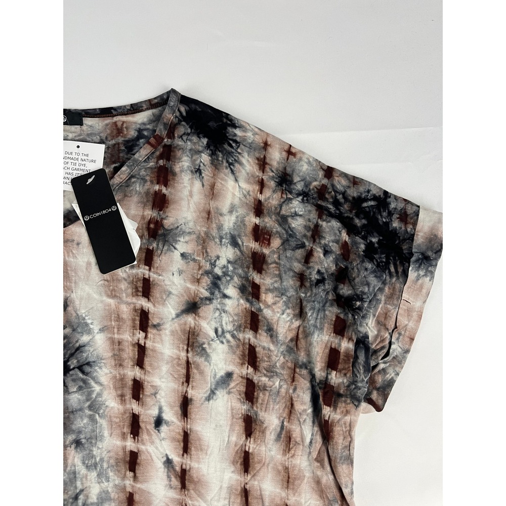 COIN1804 2X‎ Tie Dye Zip Front Short Sleeve Tunic Top Brown Black